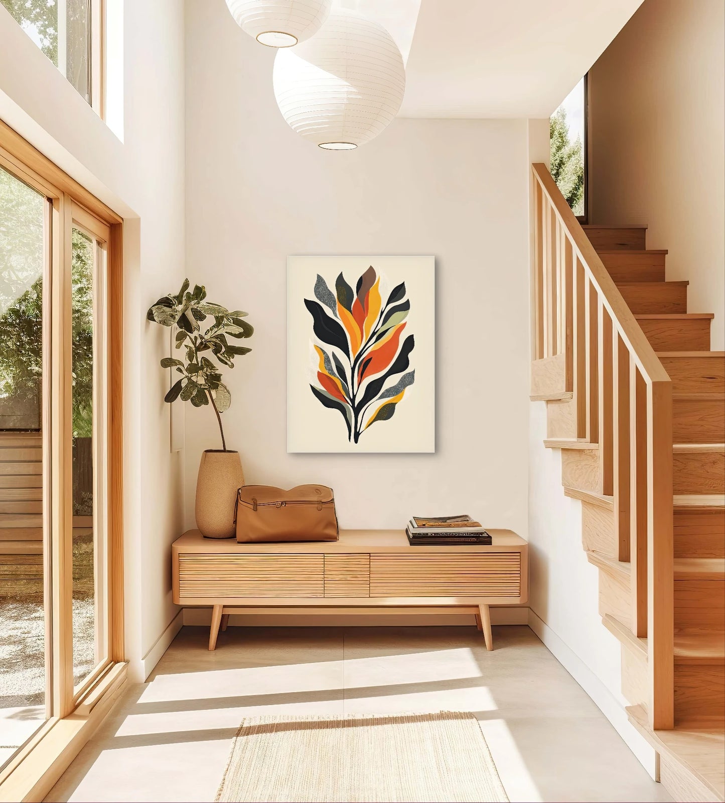 Bladvormige kunst in warme kleuren in lichte hal met houten trap en zonlicht
