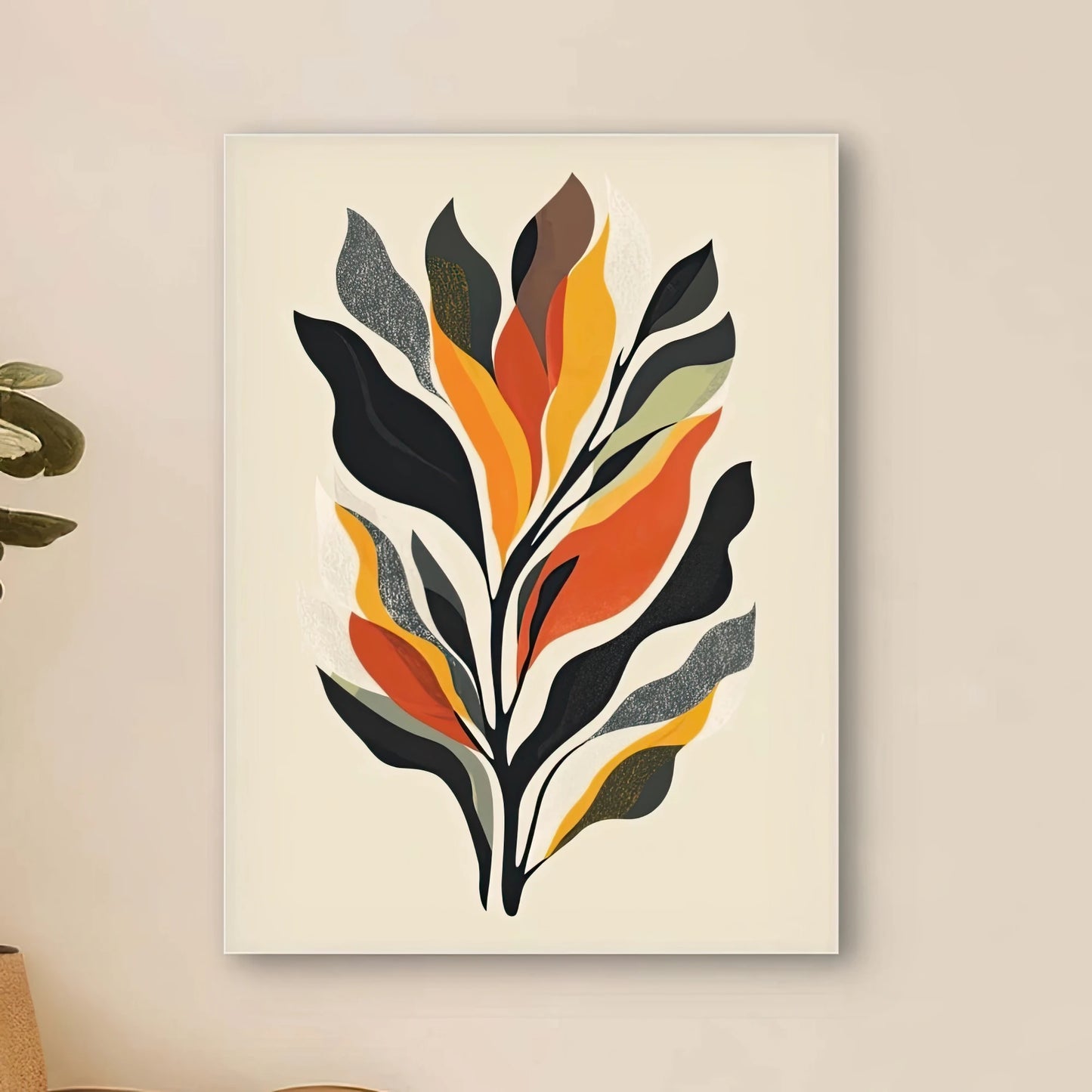 Detail van abstract blad met oranje, oker, mosgroen en nachtblauw op lichte achtergrond
