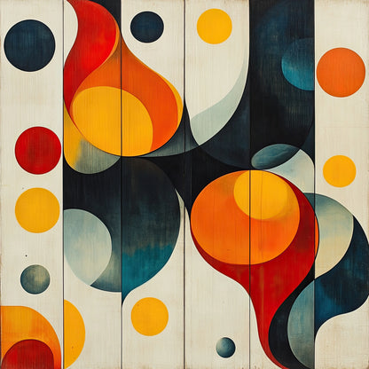 Abstracte compositie van cirkels en vloeiende lijnen in warm rood, geel en blauwgroen
