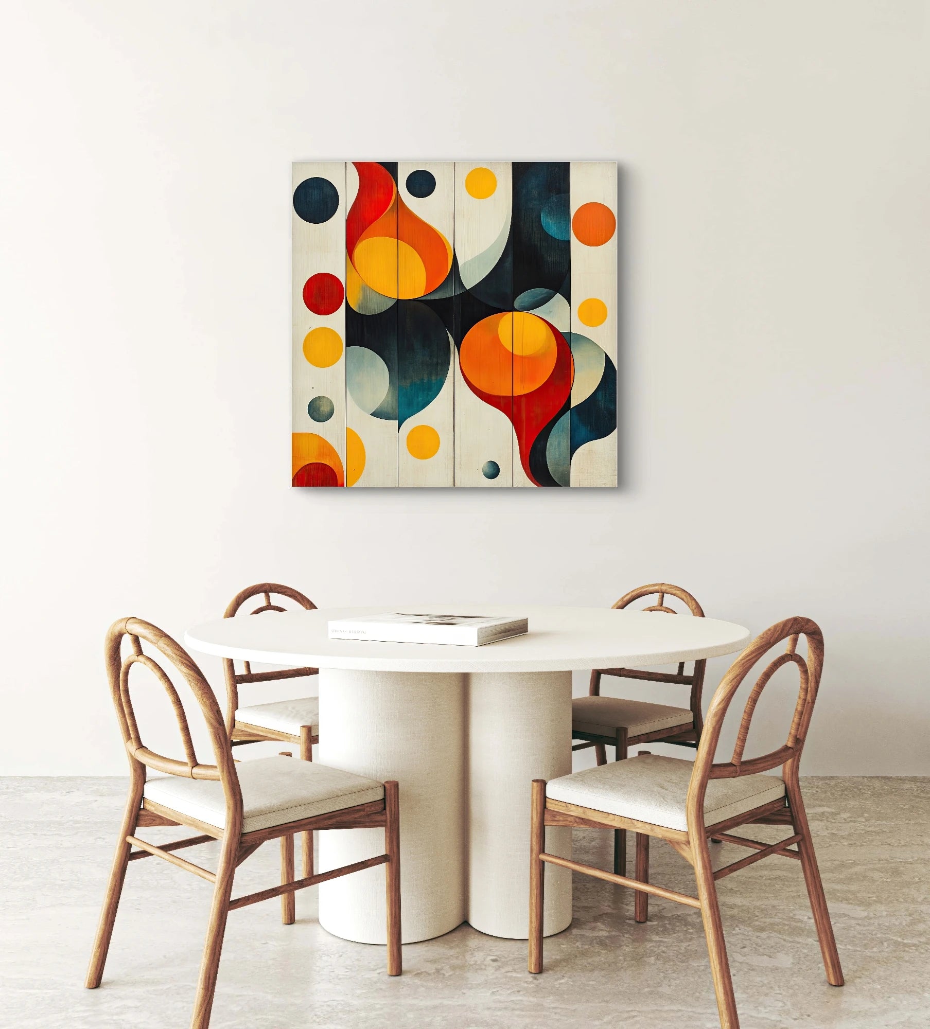 Abstracte kunst met kleurrijke cirkels en vormen boven ronde tafel met houten stoelen
