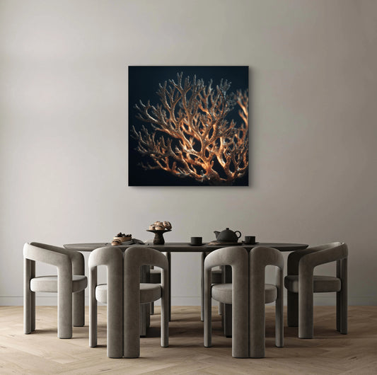 Kunstwerk met gloeiende koraalstructuur in donkere eetkamer met ronde stoelen  
