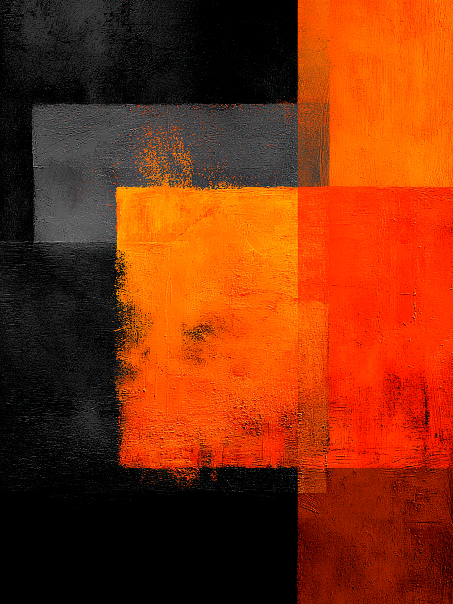 Volledige weergave van modern abstract kunstwerk Vuurvlak met contrasterende kleuren rood, oranje en zwart
