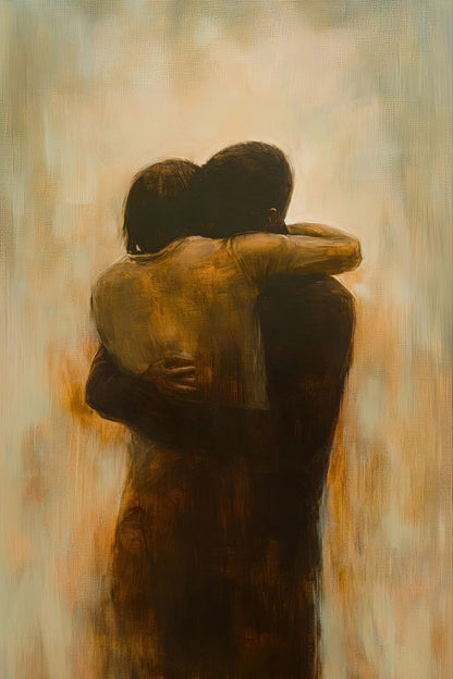 Volledige weergave van Waar Woorden Stoppen met twee omhelzende silhouetten in warme bruin- en beigetinten
