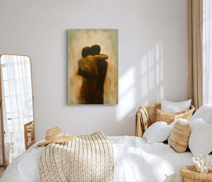 Textielkunstwerk Waar Woorden Stoppen boven een bed met licht beddengoed en natuurlijke materialen in een warme slaapkamer
