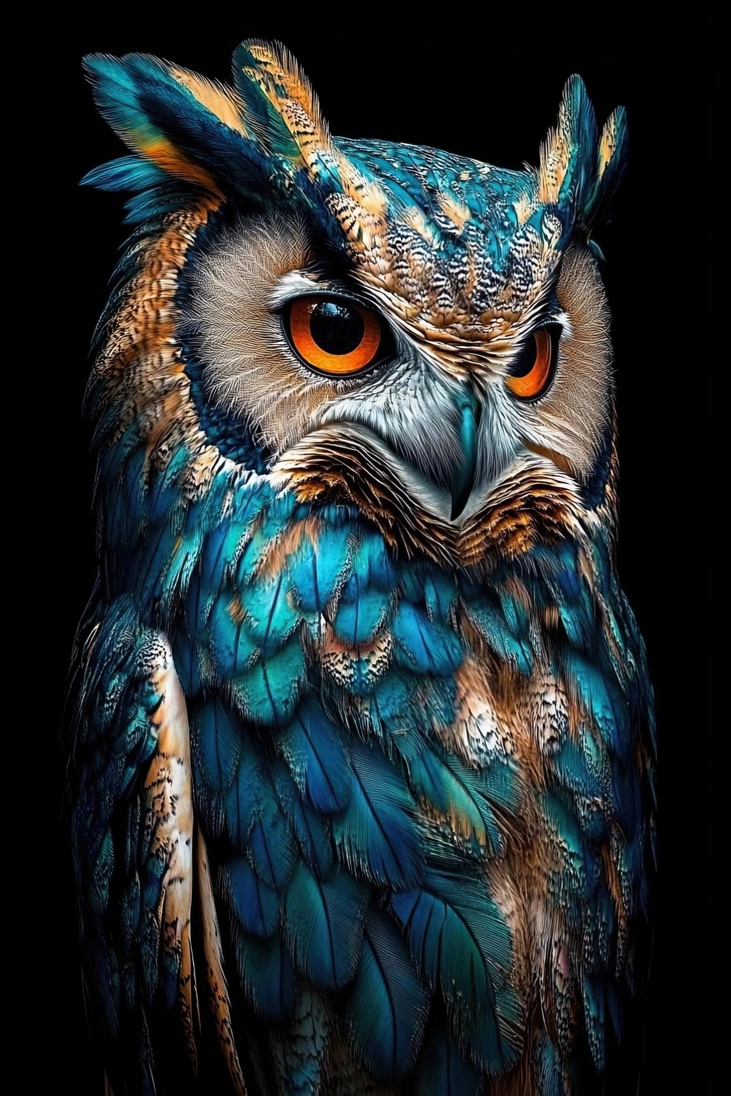 Kunstwerk van uil met intense blik en rijk gekleurde veren op donkere achtergrond
