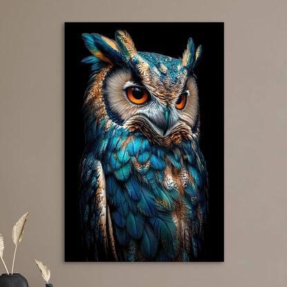 Detail van uil met feloranje ogen en blauwe, koperkleurige veren tegen zwarte achtergrond
