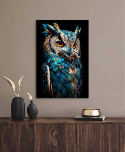 Wandkunst met kleurrijke uil in stijlvol interieur met houten kast en donkere vazen