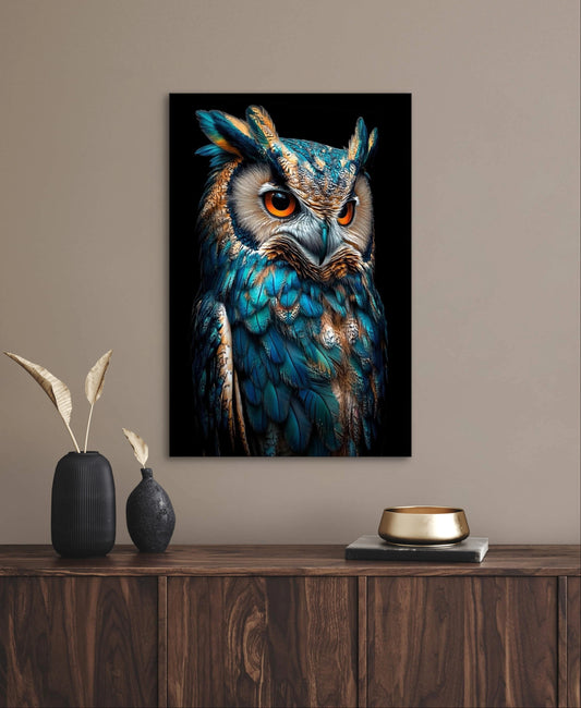 Wandkunst met kleurrijke uil in stijlvol interieur met houten kast en donkere vazen