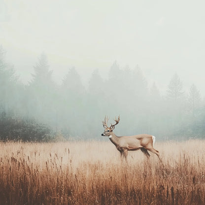 Kunstwerk van edelhert in goudgeel grasveld met mistige bossen en serene sfeer

