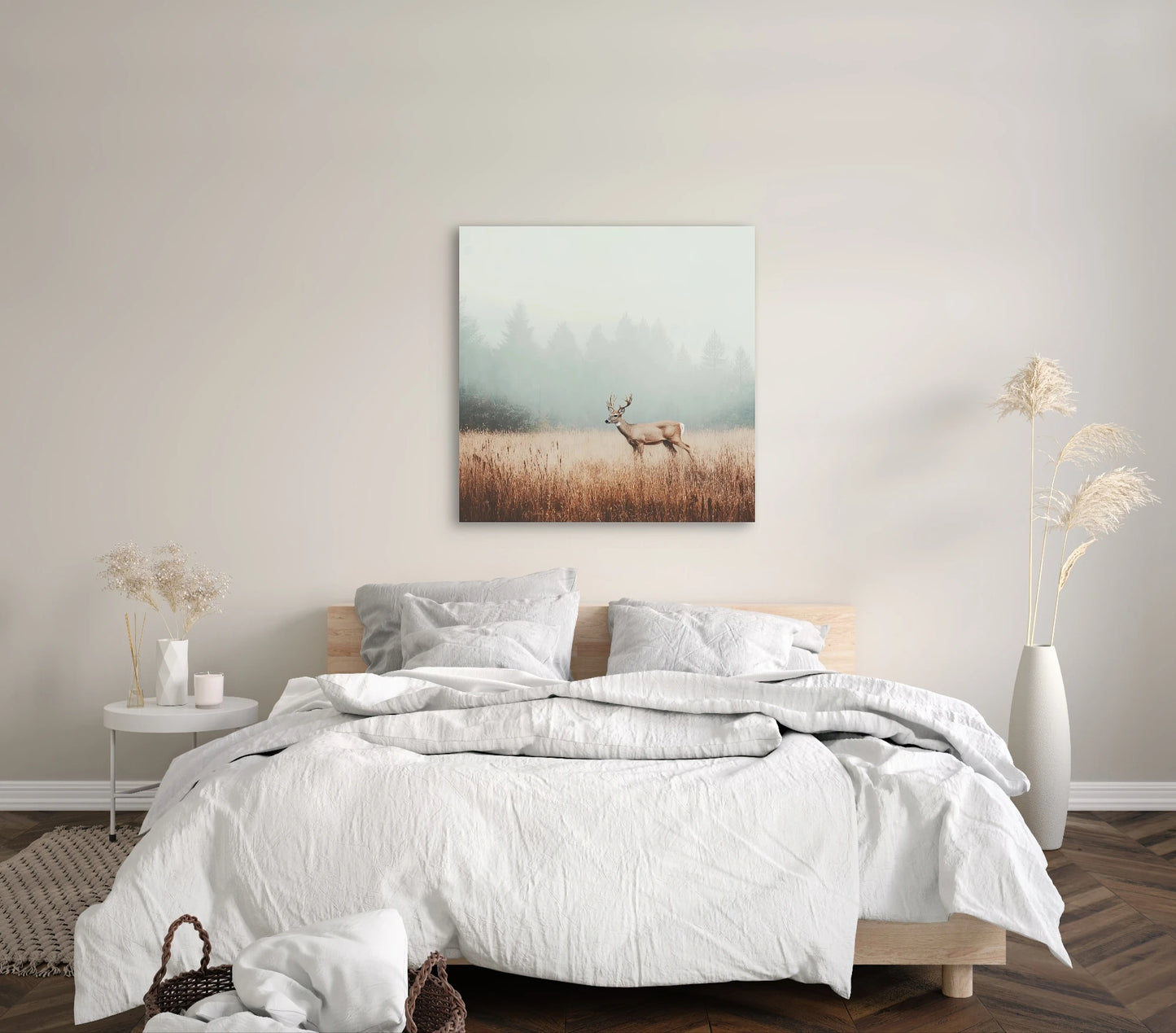 Wandkunst met edelhert in mistig veld in zachte slaapkamer met witte lakens en beige muur
