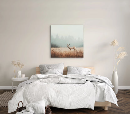 Wandkunst met edelhert in mistig veld in zachte slaapkamer met witte lakens en beige muur
