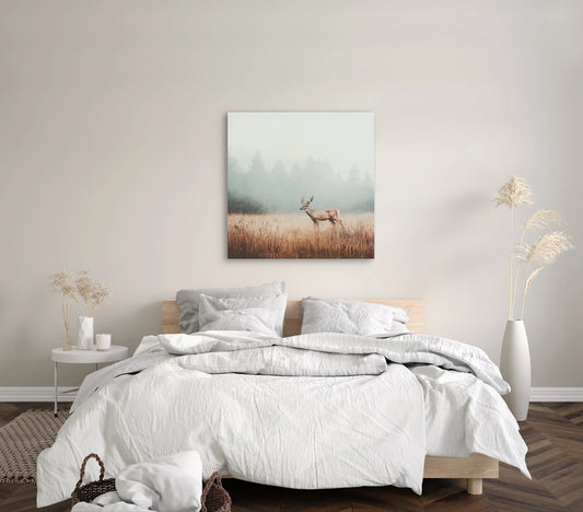 Wandkunst met edelhert in mistig veld in zachte slaapkamer met witte lakens en beige muur
