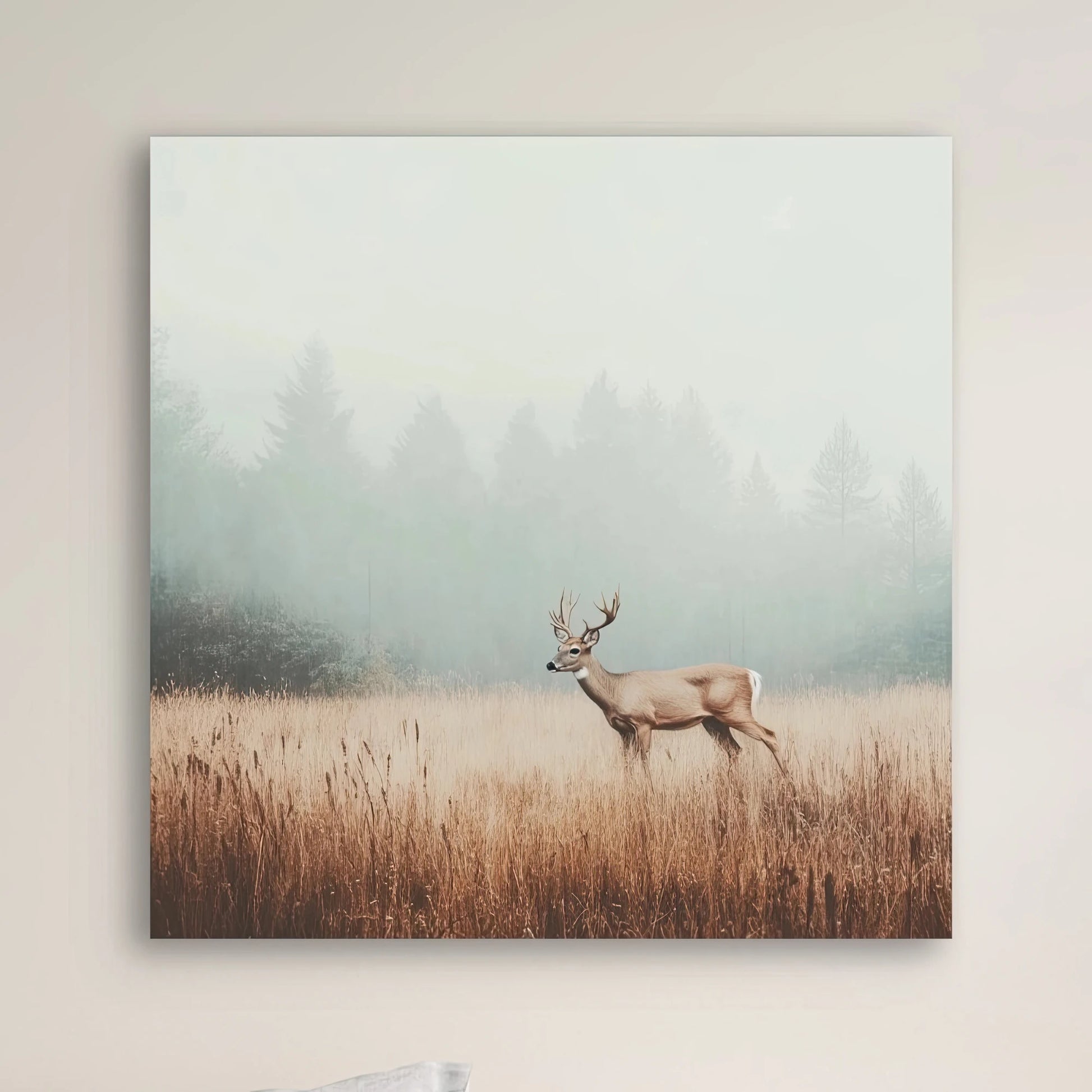 Detail van edelhert in veld met mist en dennenbomen op de achtergrond
