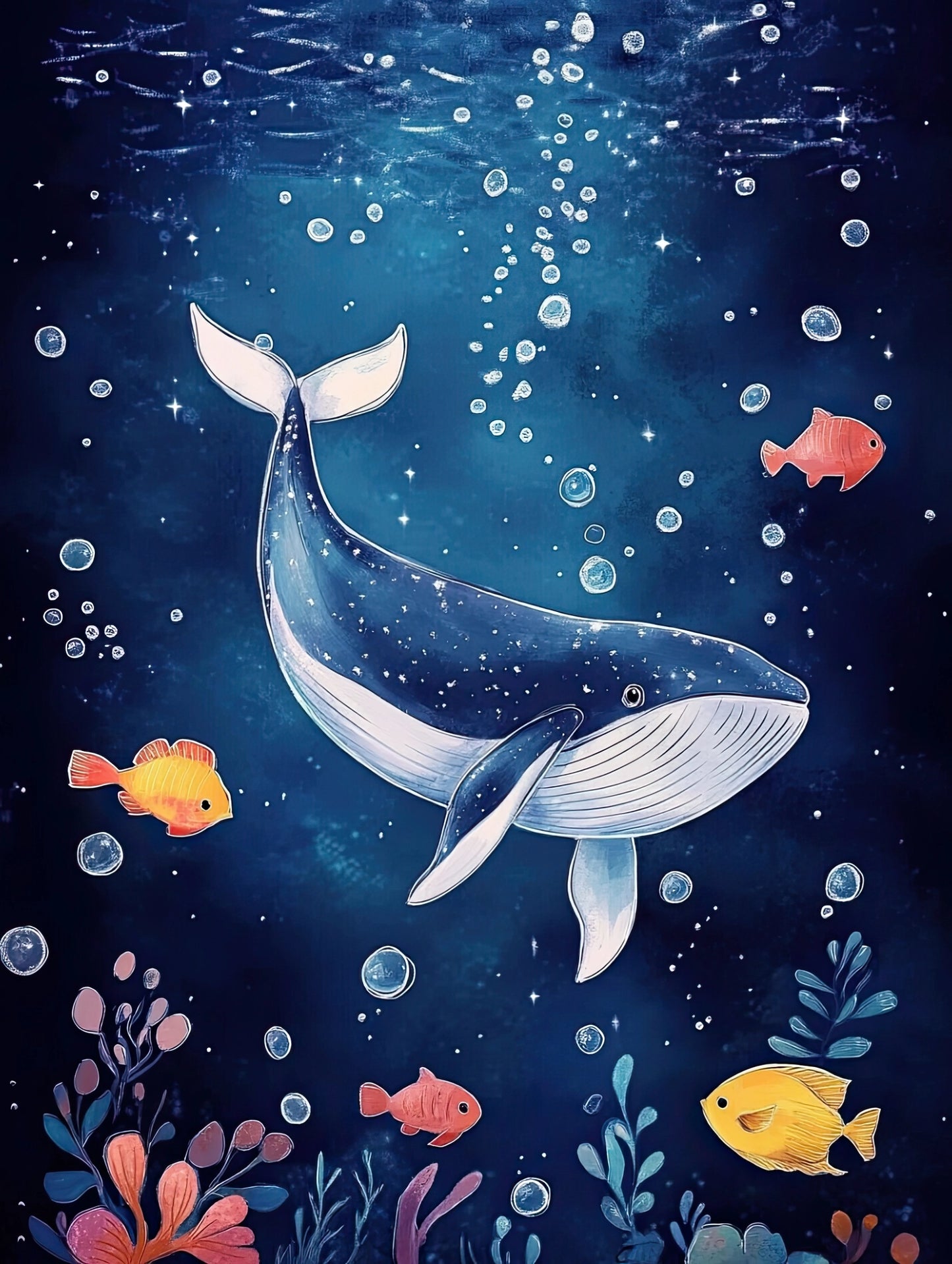 Illustratie van walvis die zwemt in een donkerblauwe oceaan vol vissen, bellen en koraal  
