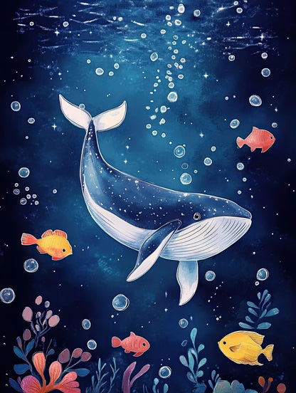 Illustratie van walvis die zwemt in een donkerblauwe oceaan vol vissen, bellen en koraal  
