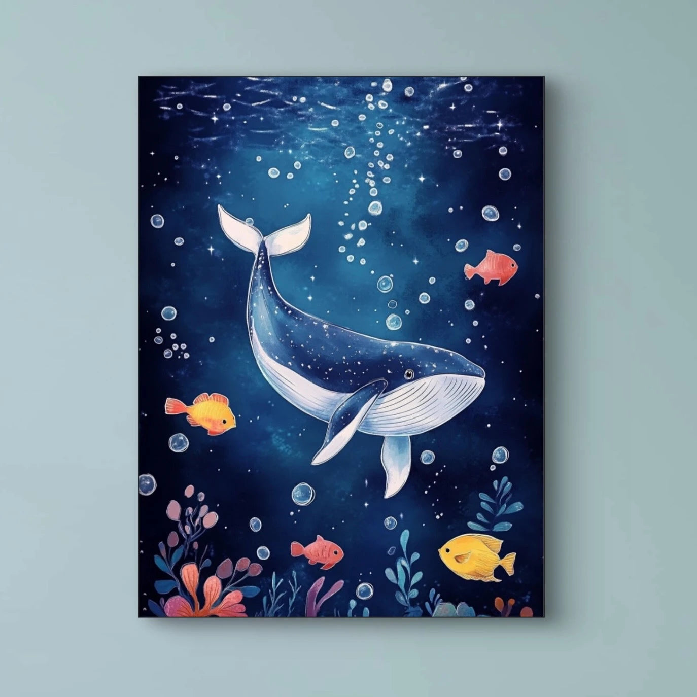 Detail van blauwe walvis en vissen in een sprookjesachtige onderwaterwereld  
