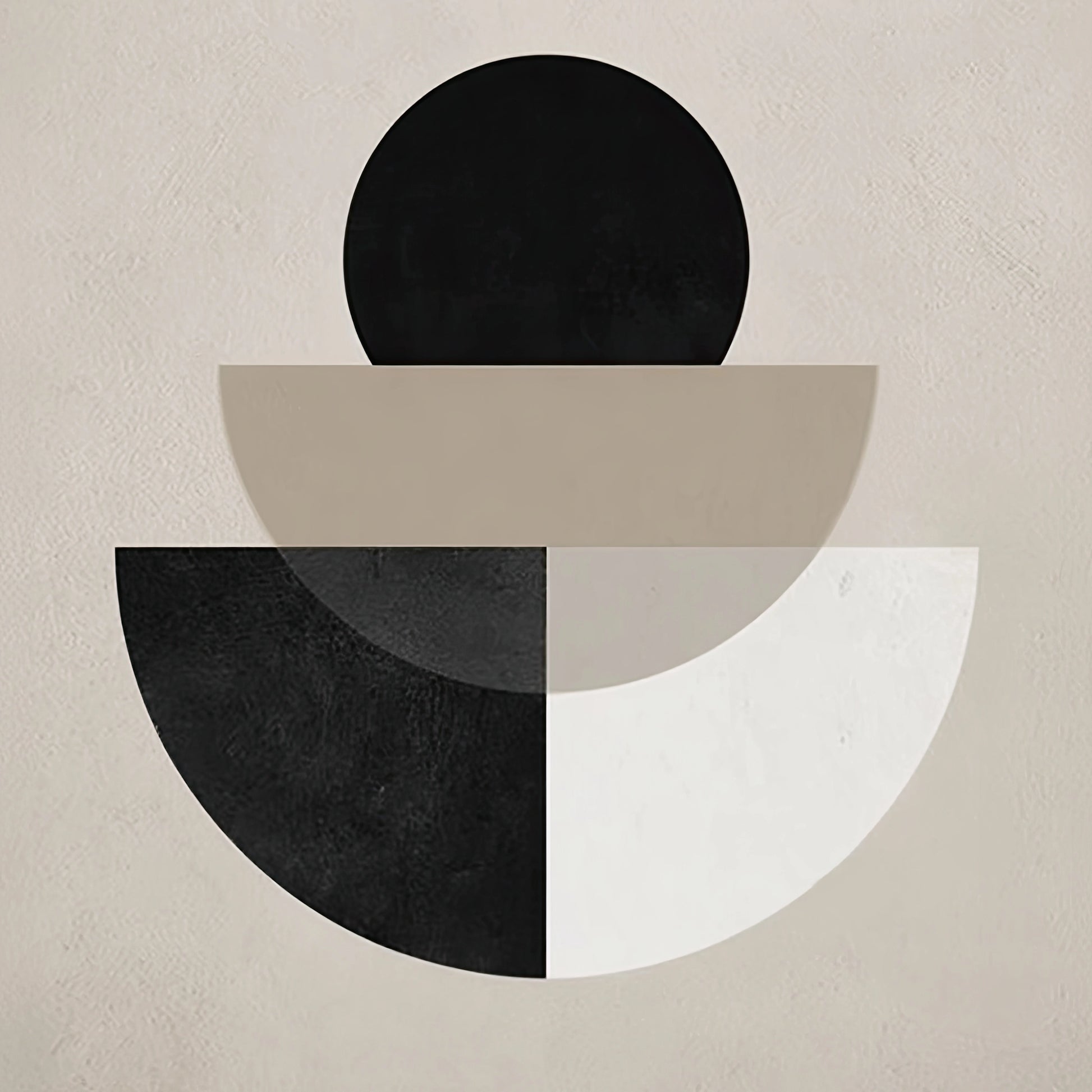 Volledige weergave van minimalistisch kunstwerk “Wanneer vormen fluisteren” met geometrische vormen in zachte contrasten
