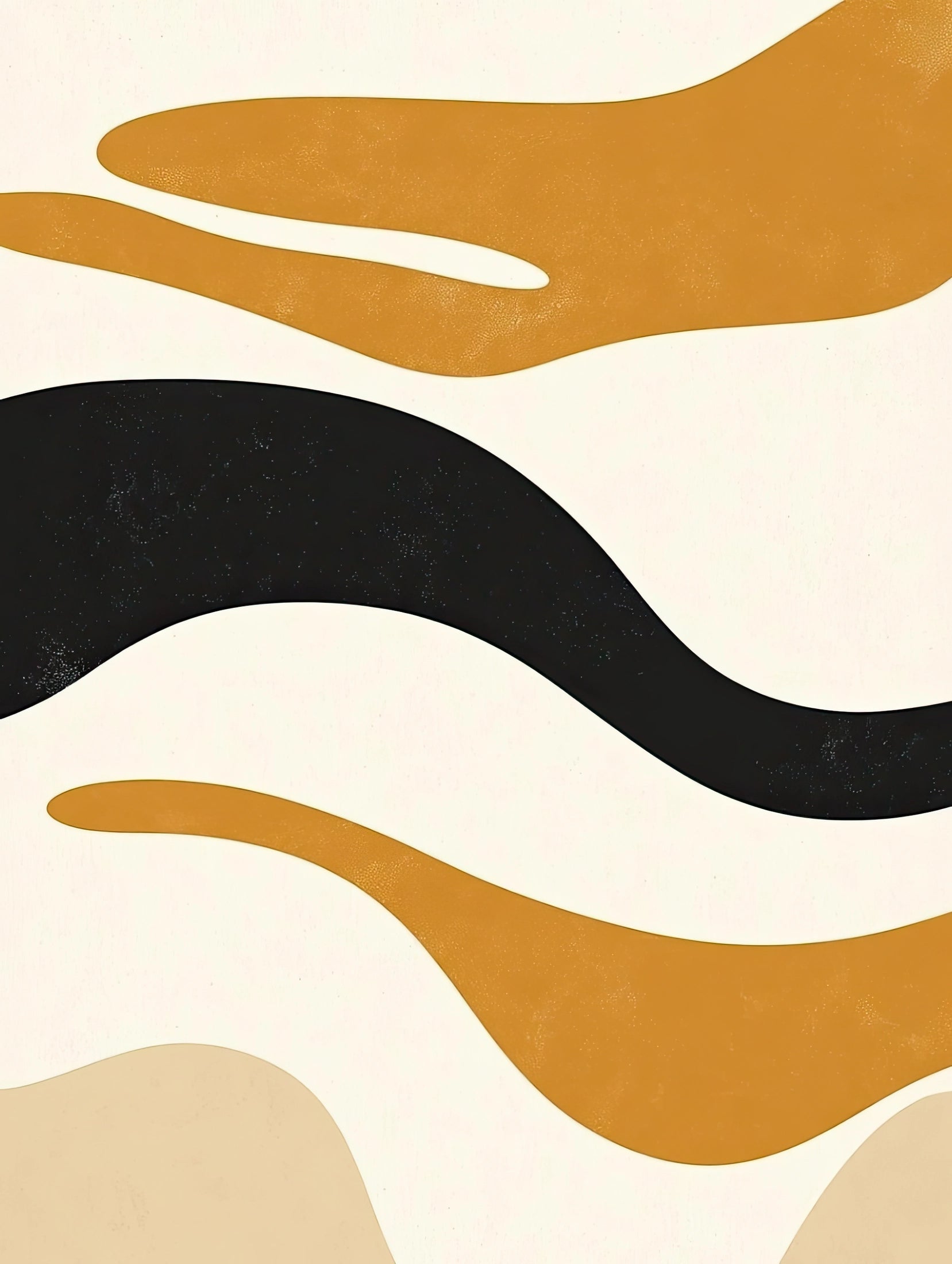 Minimalistisch golvend kunstwerk met warme aardetinten en zwarte accenten
