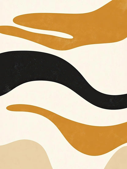 Minimalistisch golvend kunstwerk met warme aardetinten en zwarte accenten
