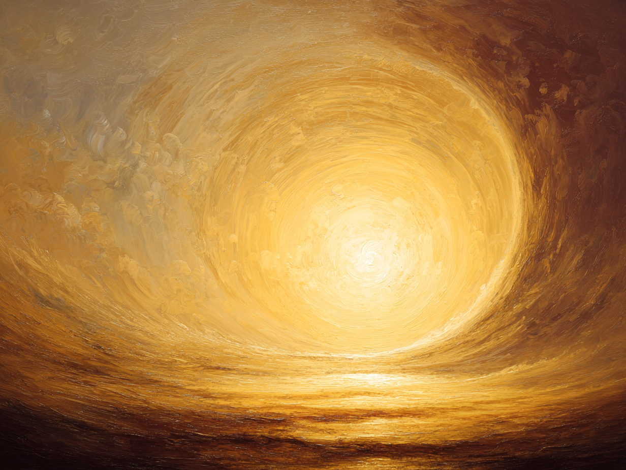 Abstracte compositie in goud en bruin met cirkelvormige beweging en warme gloed
