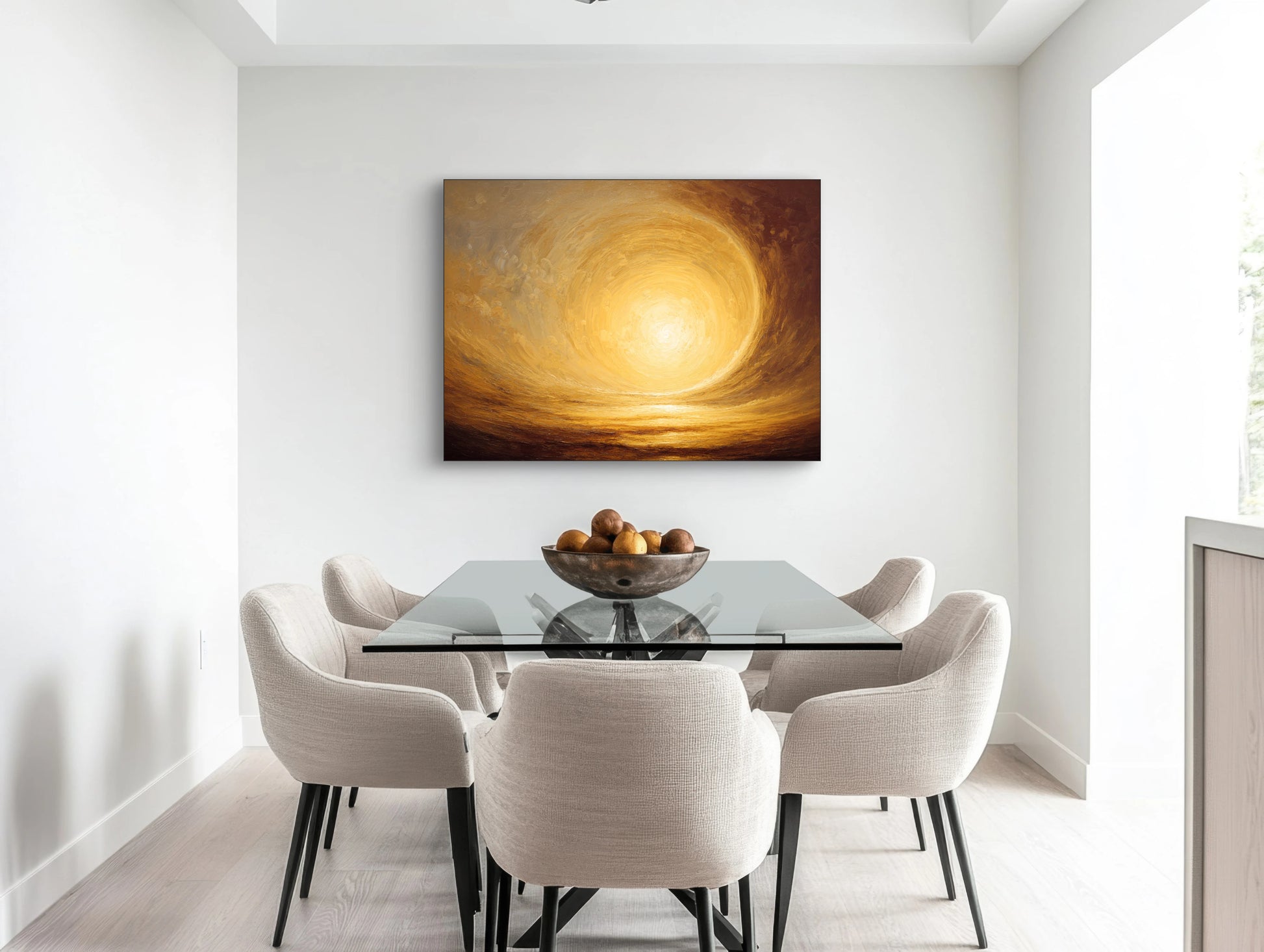 Abstract kunstwerk in goud en bruin tonen boven eettafel met beige stoelen

