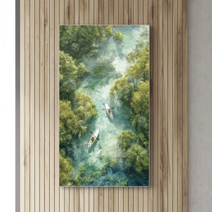 Detail van kunstwerk met twee kano’s op blauwgroen water omringd door bomen
