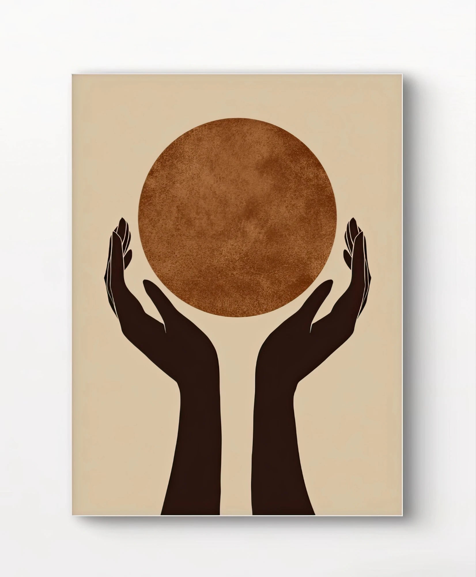 Detail van een grafisch werk met silhouetten van handen en een warme cirkelvorm op beige achtergrond
