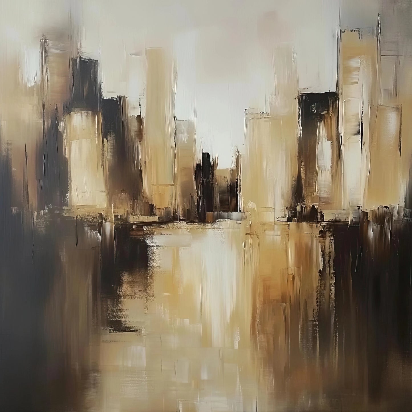 Abstract schilderij van stad weerspiegeld in water met zachte aardetinten en rustige sfeer
