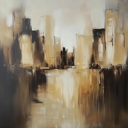 Abstract schilderij van stad weerspiegeld in water met zachte aardetinten en rustige sfeer
