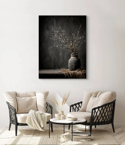 Textielkunstwerk Wekroep van Aarde boven twee beige fauteuils met ronde tafel in een lichte woonkamer.
