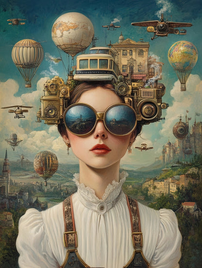 Volledige weergave van Wereld op haar hoofd met vrouw in witte blouse en fantasierijke wereld boven haar hoofd
