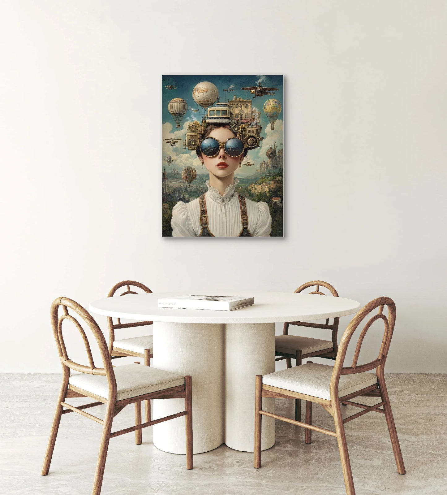 Textielkunstwerk Wereld op haar hoofd boven een ronde tafel met houten stoelen in een lichte interieurstijl
