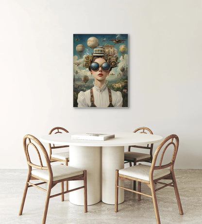 Textielkunstwerk Wereld op haar hoofd boven een ronde tafel met houten stoelen in een lichte interieurstijl
