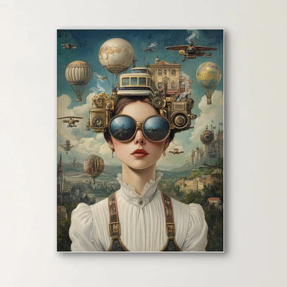 Detail van Wereld op haar hoofd met vrouw, bril en surrealistische luchtballonnen en voertuigen
