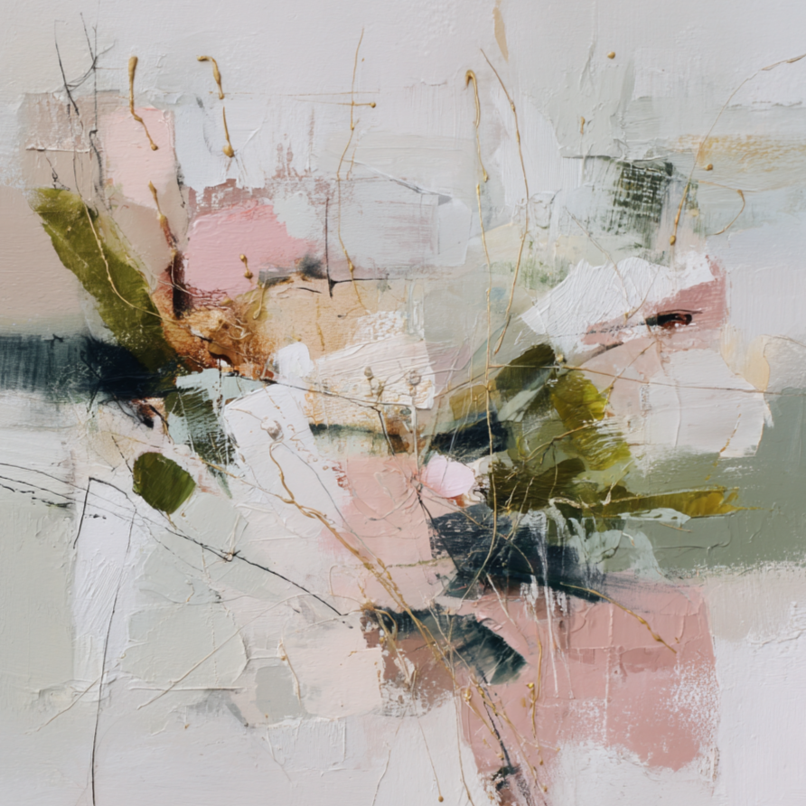 Volledig kunstwerk Whisper of Dawn met abstracte compositie in lichte natuurlijke tinten 
