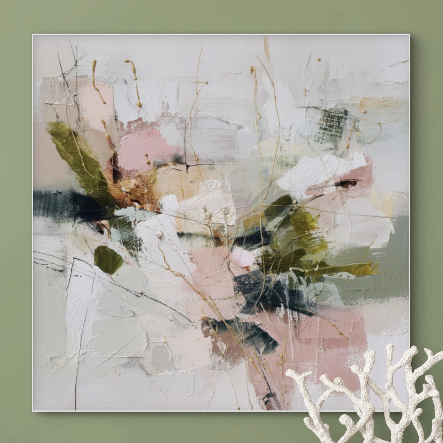 Detailopname van kunstwerk Whisper of Dawn met zachte penseelstreken in roze, olijfgroen en wit 
