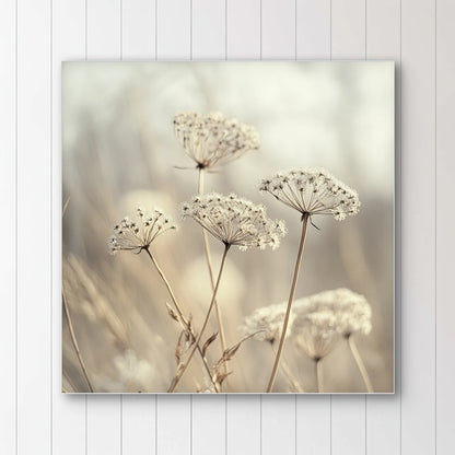 Detail van zachte, transparante bloemschermen in beige tinten met een wazige achtergrond
