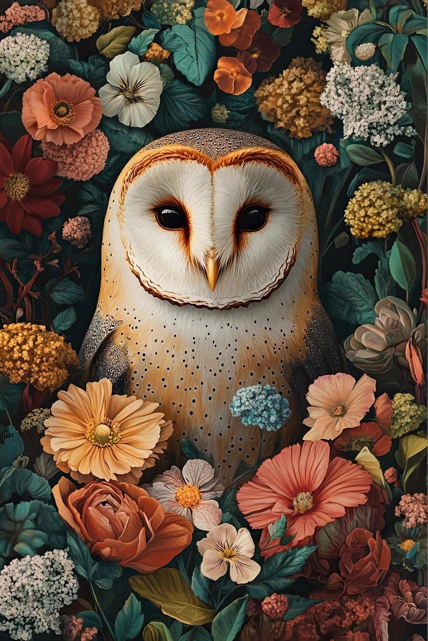 Kunstwerk van uil tussen kleurrijke bloemen met rijke details en natuurlijke elegantie
