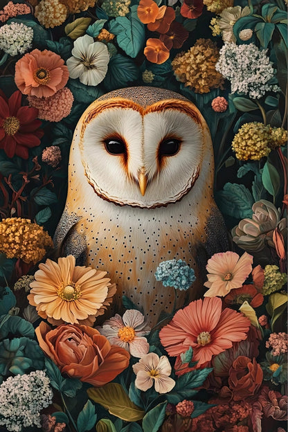 Kunstwerk van uil tussen kleurrijke bloemen met rijke details en natuurlijke elegantie
