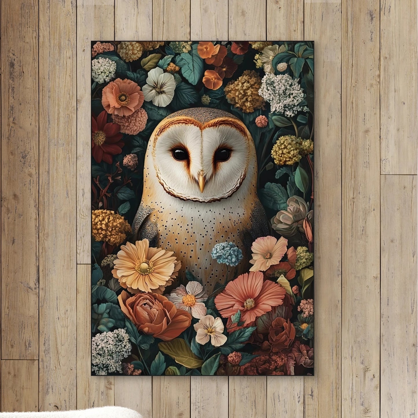 Detail van kerkuil met witte kop en donkere ogen tussen bloemen in warme kleuren
