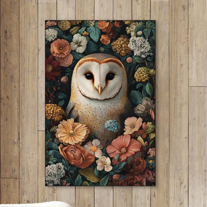 Detail van kerkuil met witte kop en donkere ogen tussen bloemen in warme kleuren
