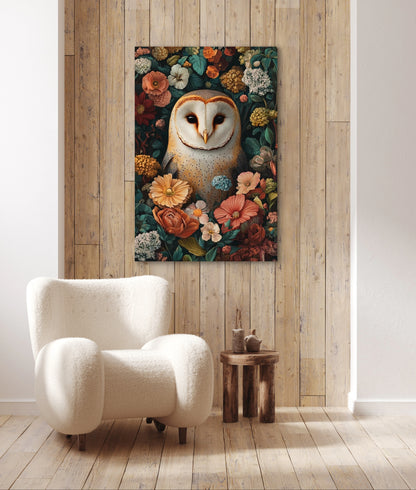Wandkunst met kerkuil tussen bloemen in warm interieur met houten wand en witte fauteuil
