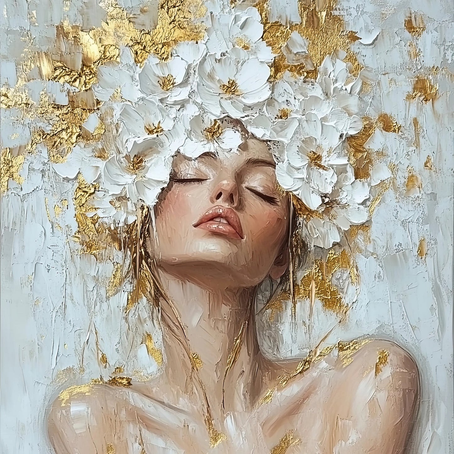 Volledige weergave van Witte Bloei met vrouw, gesloten ogen en bloemen op het hoofd in wit en goud
