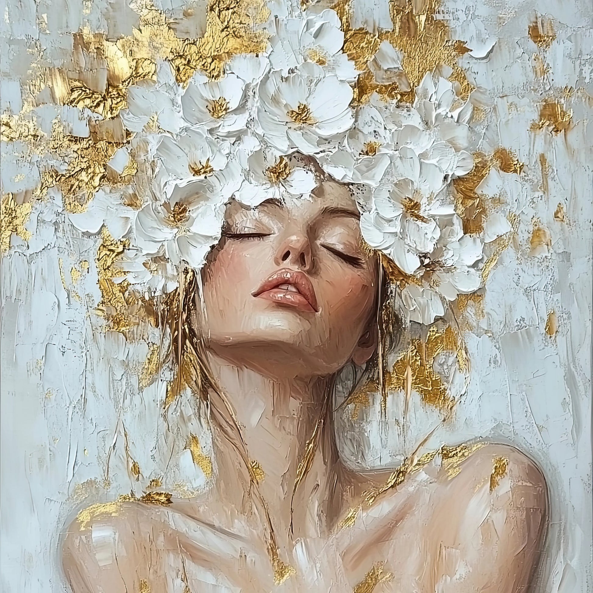 Volledige weergave van Witte Bloei met vrouw, gesloten ogen en bloemen op het hoofd in wit en goud
