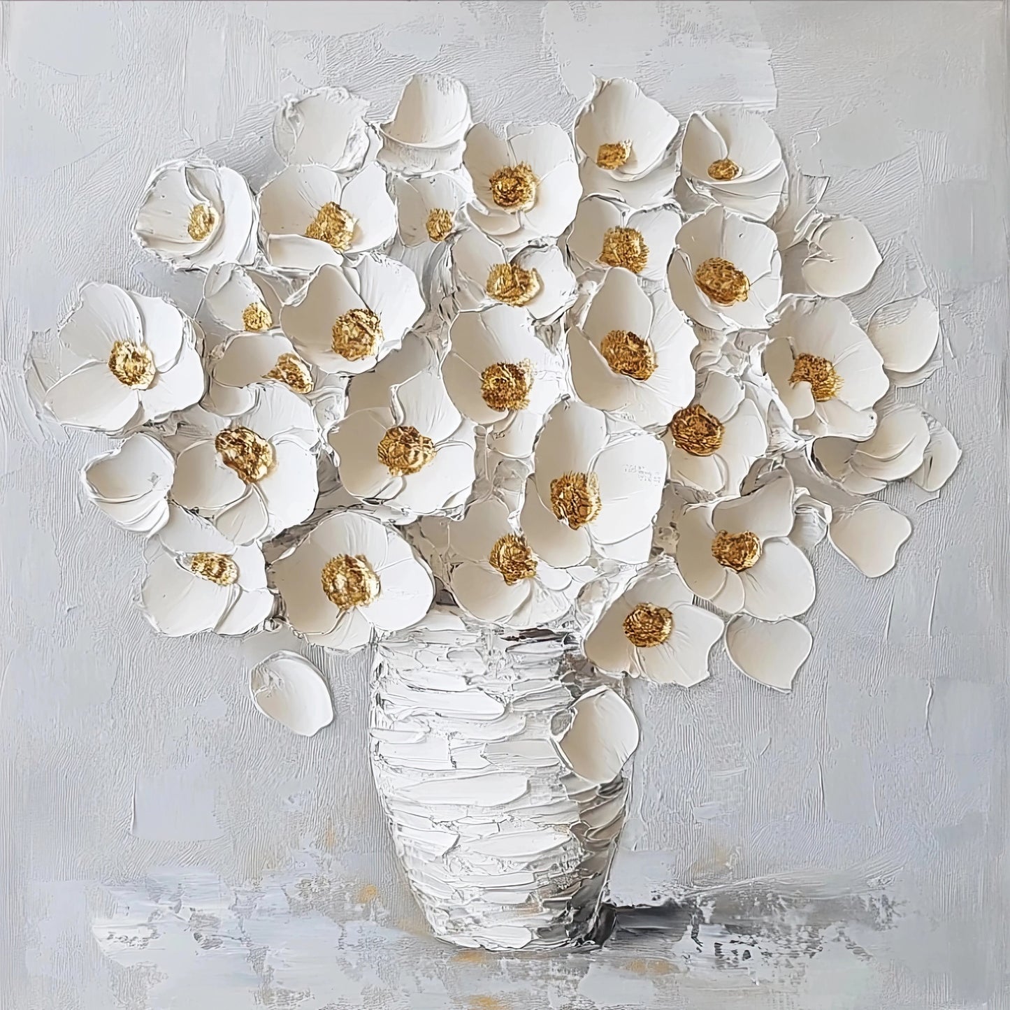 Volledige weergave van het kunstwerk “Witte Weelde” met witte bloemen in vaas tegen een lichte achtergrond
