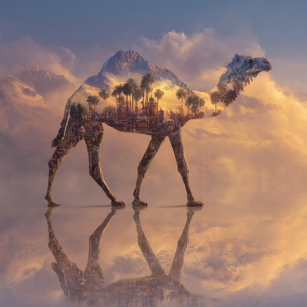 Volledige weergave van Woestijn Droomspiegel met kameel, bergen en gouden wolken  
