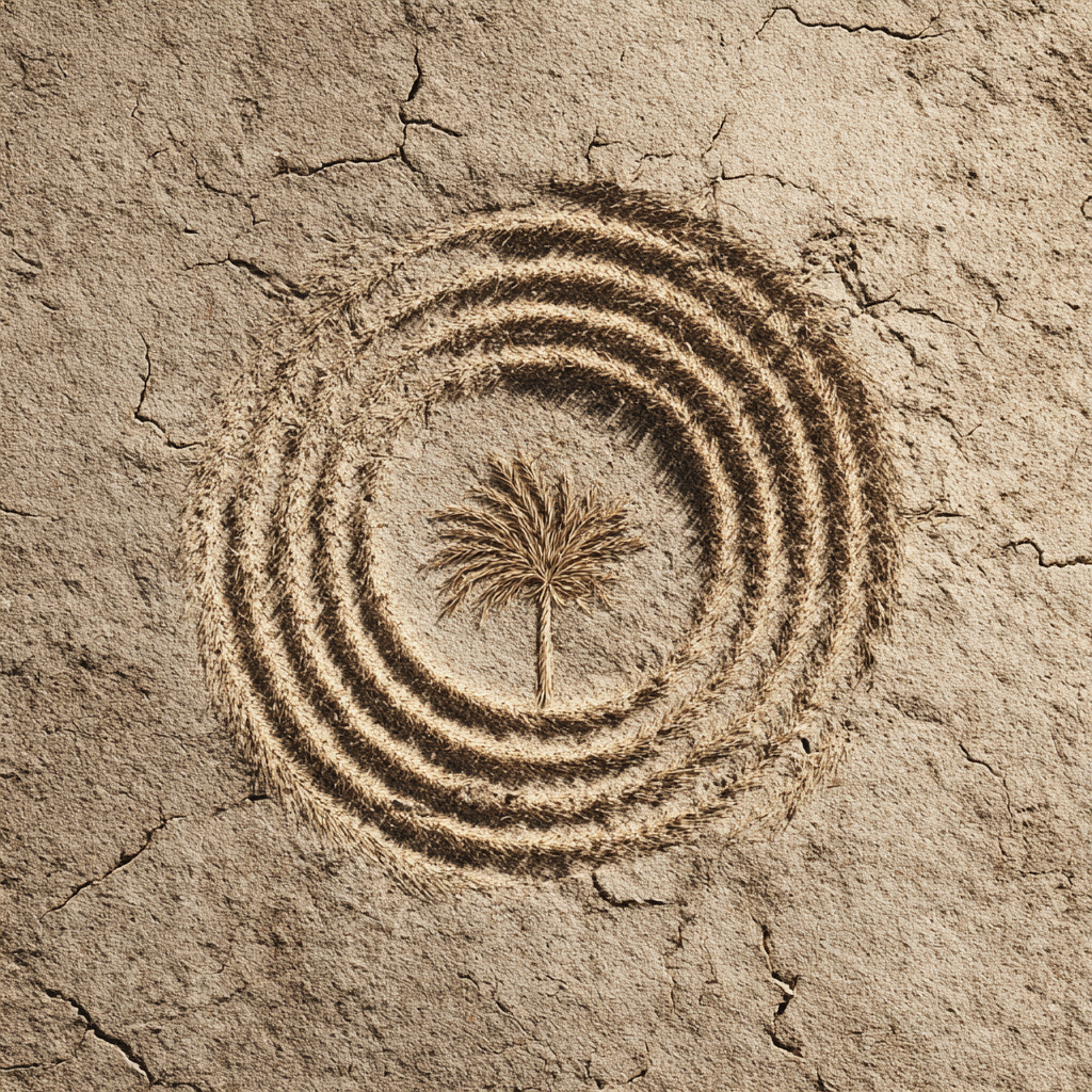 Kunstwerk Woestijncirkel met palmboom in het midden van concentrische ringen op gebarsten aardetextuur.

