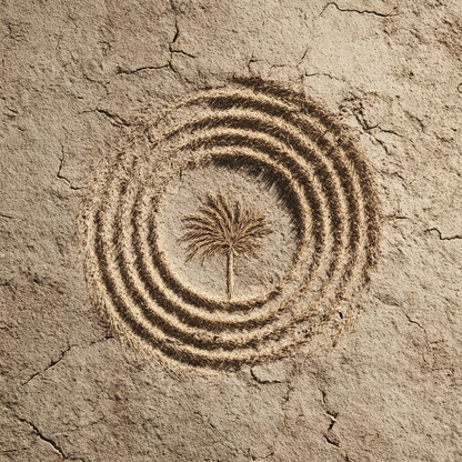 Kunstwerk Woestijncirkel met palmboom in het midden van concentrische ringen op gebarsten aardetextuur.
