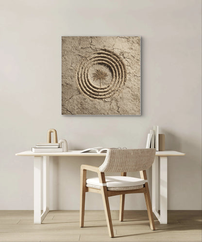 Textielkunstwerk Woestijncirkel boven een wit bureau met houten stoel in een lichte kamer.
