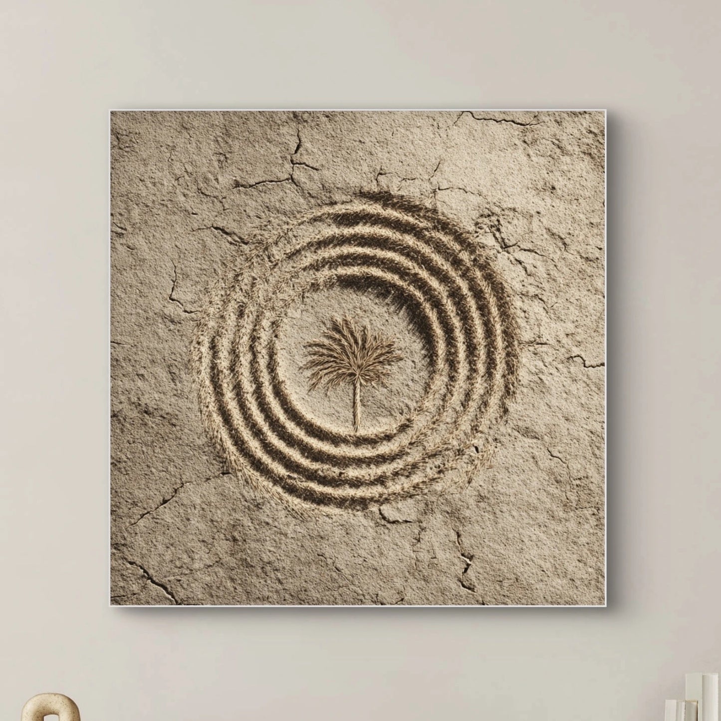 Detail van het kunstwerk Woestijncirkel met palmboom in zandkleurige cirkels en aardse textuur.
